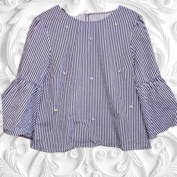 Zara blue striped Cropped top with pearls On Front - Picture 5 of 8